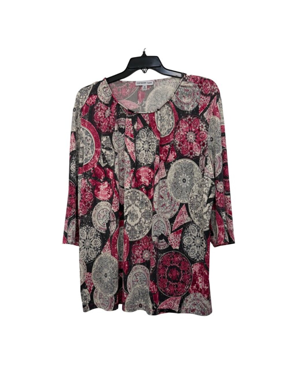 Southern Lady Womens 3X Red & Black Medallion Print 3/4 Sleeve Strechy Tunic Top
